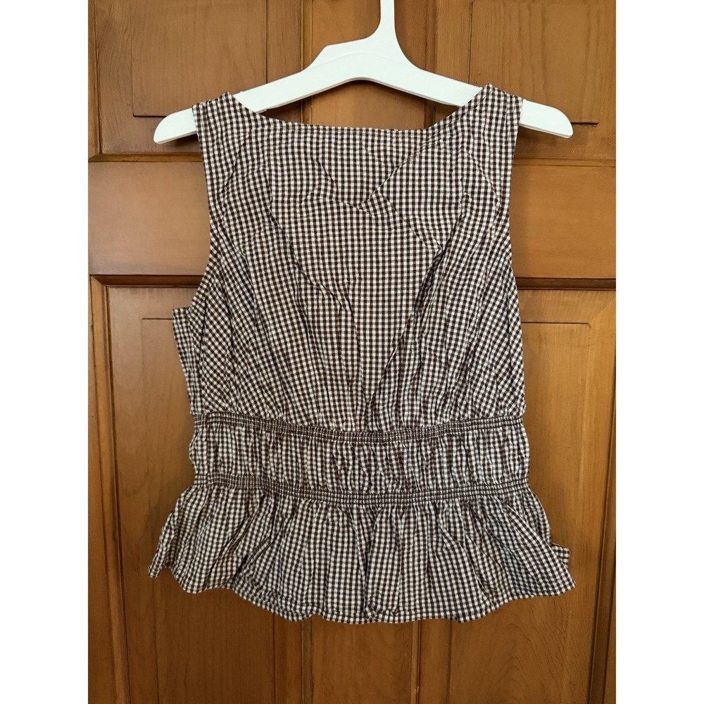 Women's A New Day Brown Gingham Seersucker Peplum Sleeveless Top Size XS NWT